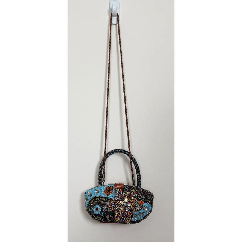 Beaded Floral Top Handle Bag Small Boho Eclectic Multicolor Purse‎
